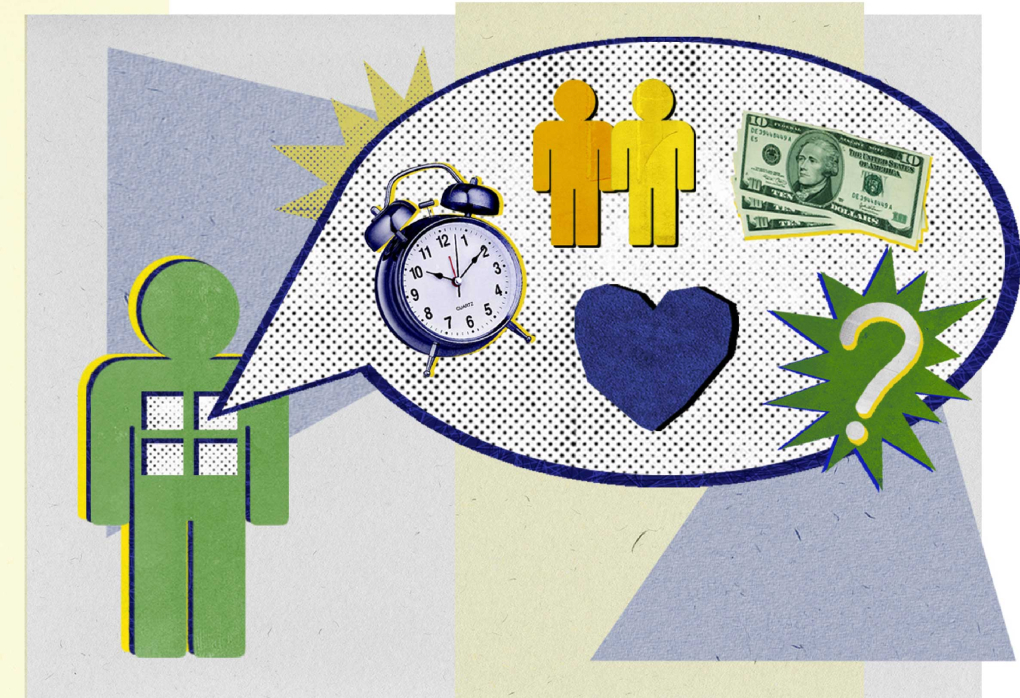 Paper collage of a green man. A chat bubble depicts people holding hands, money, a question mark, a heart, and a clock.