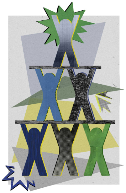 A paper collage of six people holding each other up in a pyramid formation on a blue, gray, and tan background.