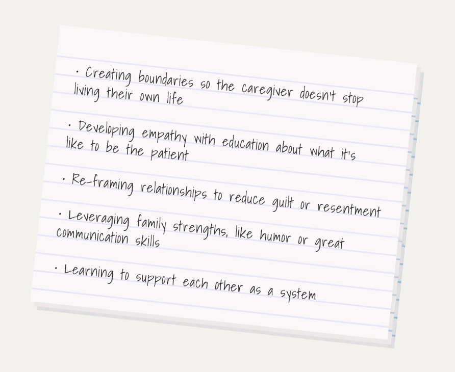 A white notecard with a bulleted list of benefits of family therapy: Creating boundaries so the caregiver doesn't stop living their own life. Developing empathy with education about what it's like to be the patient. Re-framing relationships to reduce guilt or resentment. Leveraging family strengths, like humor or great communication skills. Learning to support each other as a system.