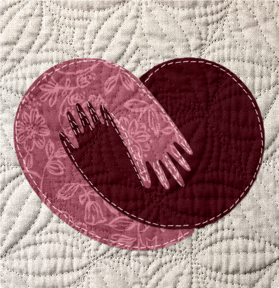 two embroidered hands in the shape of a heart on a quilt square