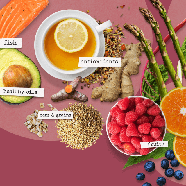 A collage of foods for a myelofibrosis diet labeled ‘antioxidants’ ‘fruits’ ‘oats and grain’ ‘healthy oils’, and ‘fish’.