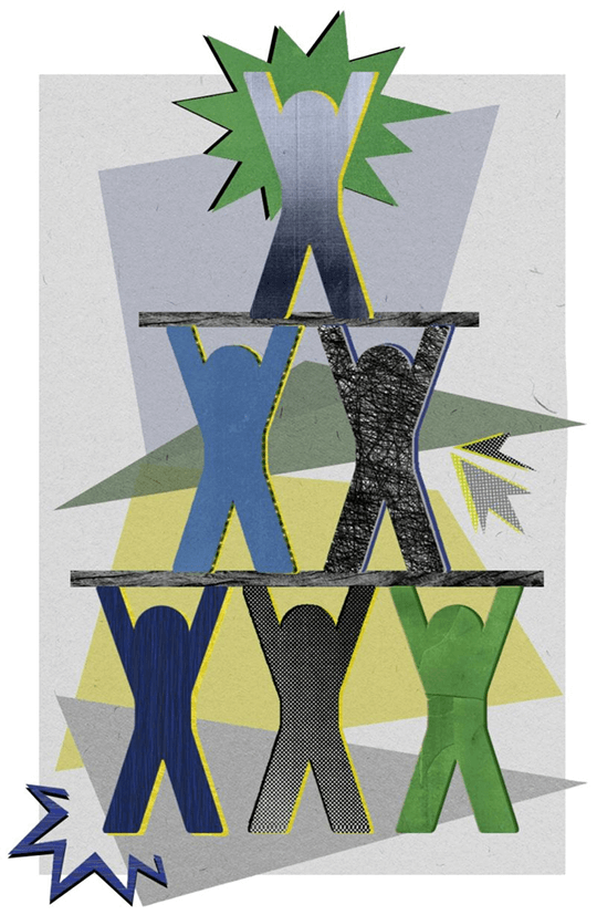 A paper collage of six people holding each other up in a pyramid formation on a blue, gray, and tan background.