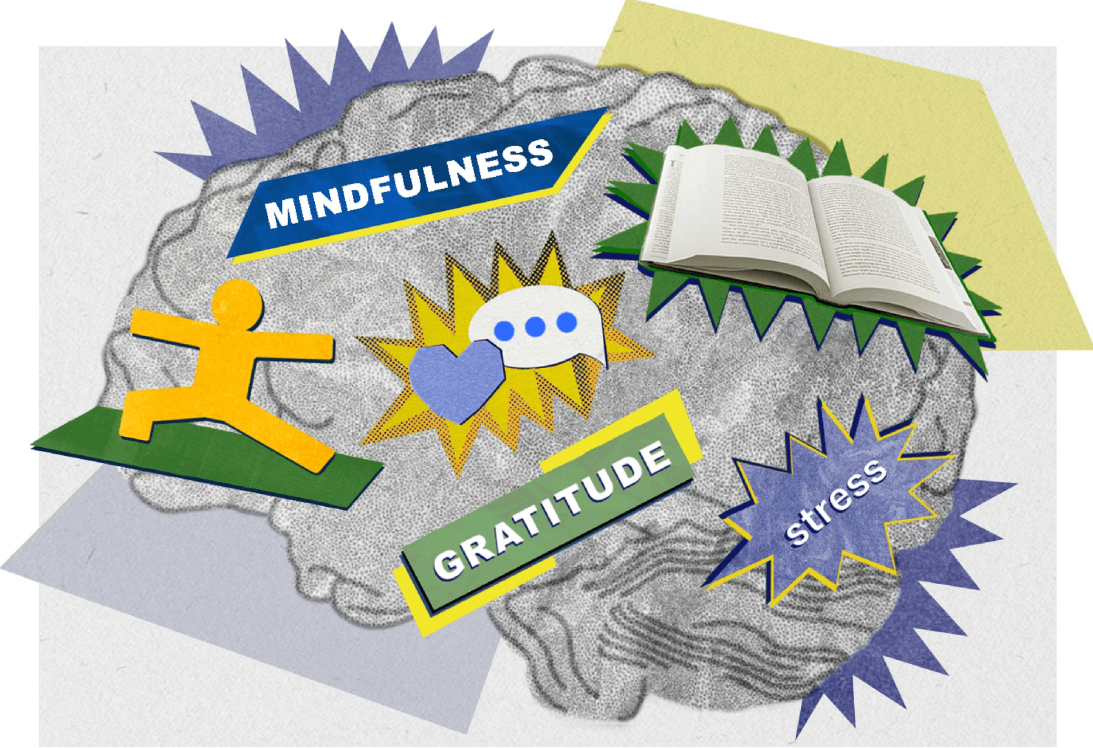 A paper collage of a brain, a book, a heart/chat bubble, someone doing yoga, and the words ‘stress’, ‘gratitude’, 'mindfulness'.