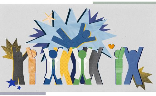 Paper collage of silhouettes of people, two in white lab coats, holding up another person.