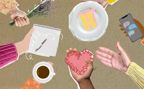 A collage of hands holding drawings of a cake, heart doodle, mug, a notebook and pen, lavender, and a smartphone.