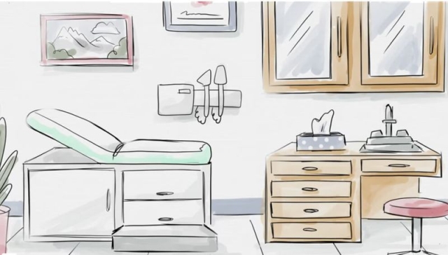 A video thumbnail drawing of a myelofibrosis doctor’s exam room.